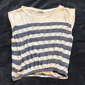 Chloe K Dark Gray and Cream Striped Blouse